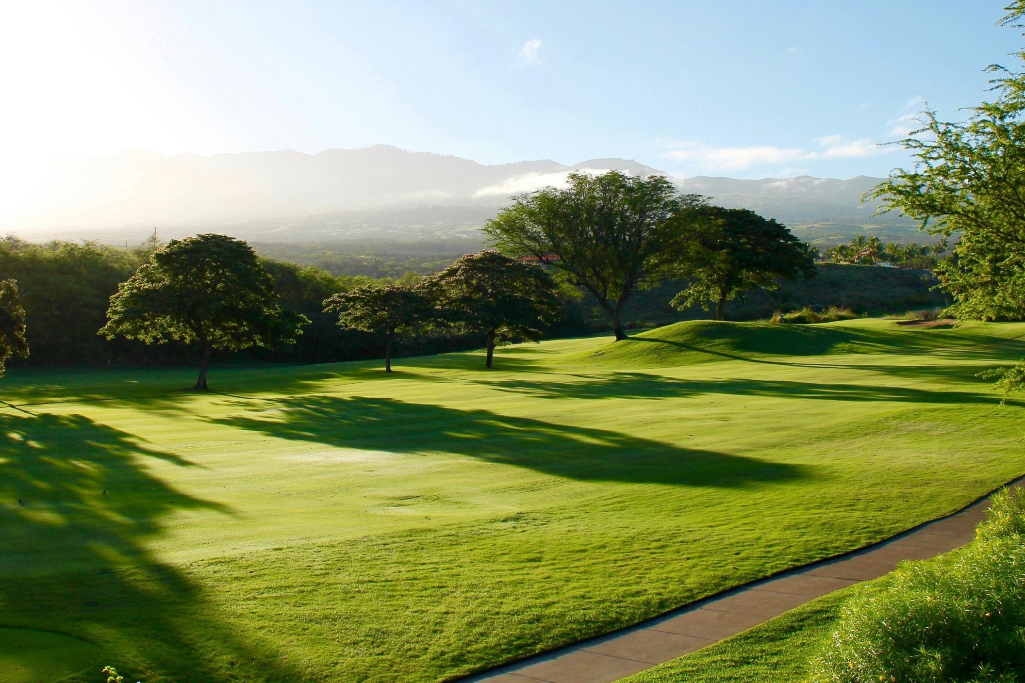 Serene view of a lush green golf course surrounded by trees and mountains, bathed in sunlight.