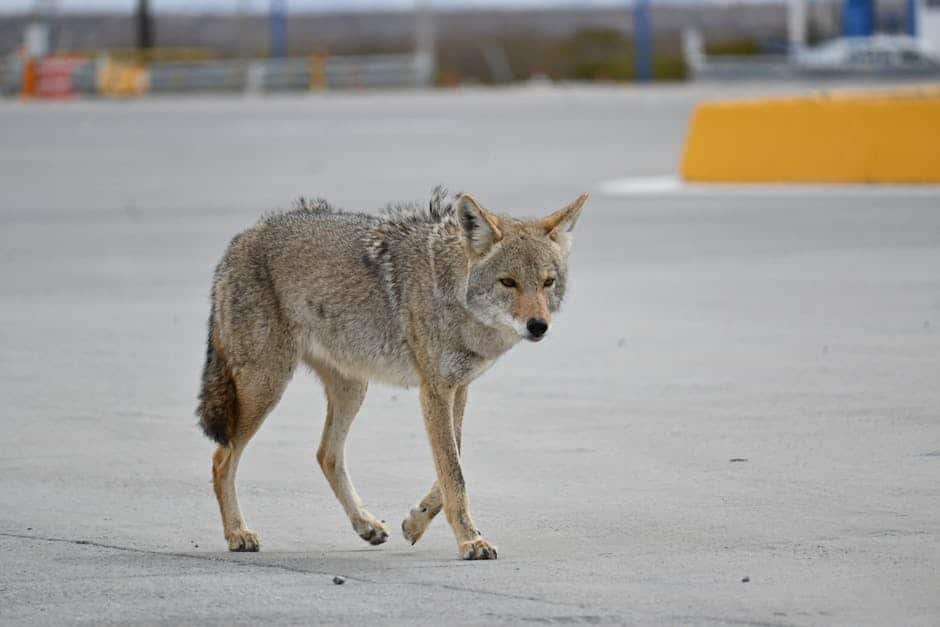 A coyote walks across an empty urban parking lot, blending wildlife with city life.